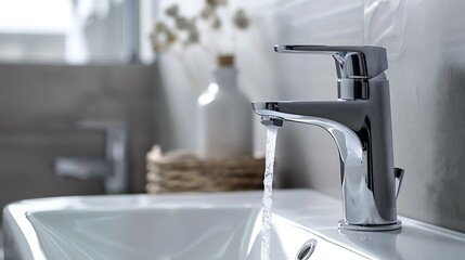 Modern water faucet in a chic bathroom design on a light wall backdrop