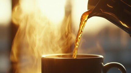 A warm cup of tea being poured, capturing steam and sunlight in a cozy setting, perfect for relaxation and comfort.