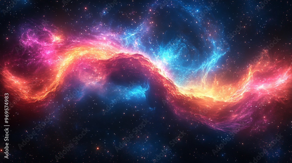 Poster vector design of an abstract galaxy with swirling stars and nebulae in bright neon colors creating a