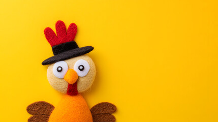 Handcrafted felt turkey on yellow background with pilgrim hat. Whimsical Thanksgiving decor with copy space for text.