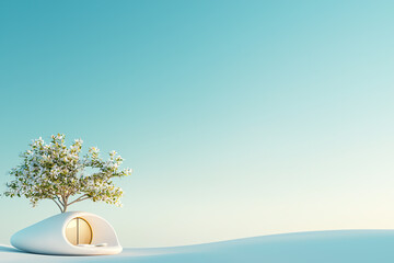 A minimalist pod house stands peacefully amidst a serene landscape, showcasing modern design and harmony with nature.