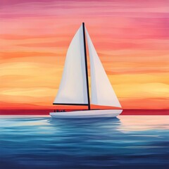 Fototapeta premium Sailboat gliding on calm sea, vibrant sunset, watercolor style