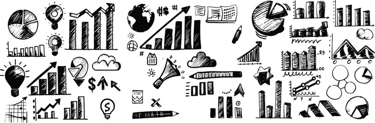 Hand drawn business charts and graphs infographic elements doodles set finance strategy sketch statistics analytic growth progress success brainstorming idea concept whiteboard drawing visualization
