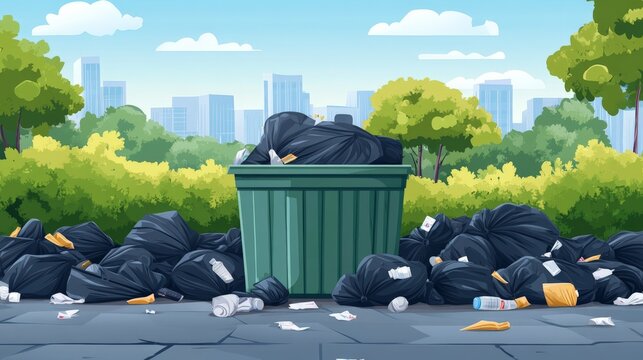 Full garbage bin and black plastic trash bags around. Overflowing recycling container with trash. 