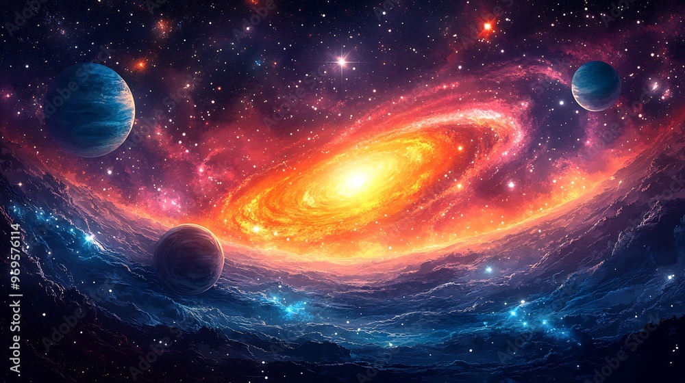 Canvas Prints vector design of an abstract space scene with swirling galaxies distant planets and radiant stars cr