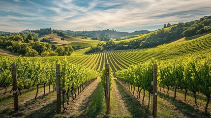 Fototapeta premium A scenic vineyard with rows of grapevines stretching out towards rolling hills