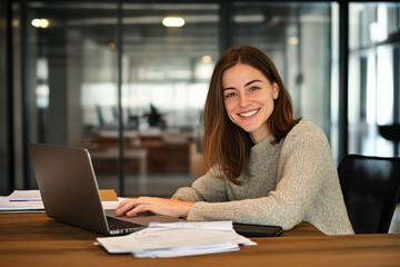 Fototapeta premium A smiling young woman working on a laptop at her desk in a modern office.