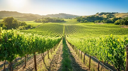 Fototapeta premium A scenic vineyard with rows of grapevines stretching out towards rolling hills