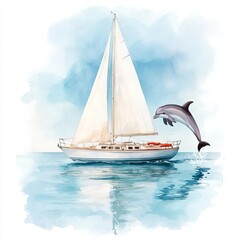 Fototapeta premium Sailboat with a dolphin leaping beside it, clear sea, watercolor style