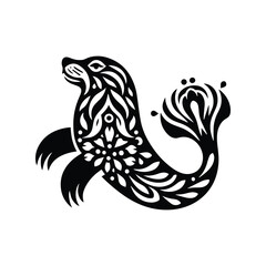 Fototapeta premium Sealion in folk art black and white silhouette illustration -
