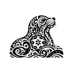 Sealion in folk art black and white silhouette illustration -