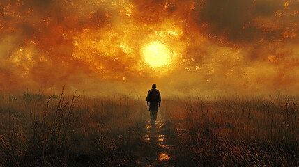Fototapeta premium A lone figure walks through a field of tall grass under a fiery sky.