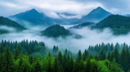Foggy Mountain Peaks Above a dense forest