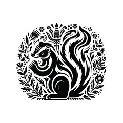 Skunk in folk art black and white silhouette illustration -