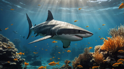 Fototapeta premium Shark surrounded by golden fish in a sunlit underwater seascape with coral and serene blue water