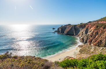 Beautiful landscape of Pacific Ocean coast along Highway 1 and Big Sur, aerial view, sunset, sunrise, fog. Concept, travel, vacation, weekend