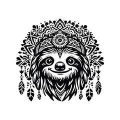 Fototapeta premium Sloth in bohemian black and white silhouette illustration -