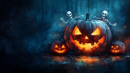 Fototapeta premium Eerie Watercolor Wreath with Glowing Jack-o'-Lanterns and Skeletons on Haunted Door