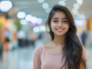 Pretty young college girl in pink attire in shopping mall