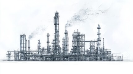 Fototapeta premium Line drawing depicting an industrial landscape featuring an oil refinery plant