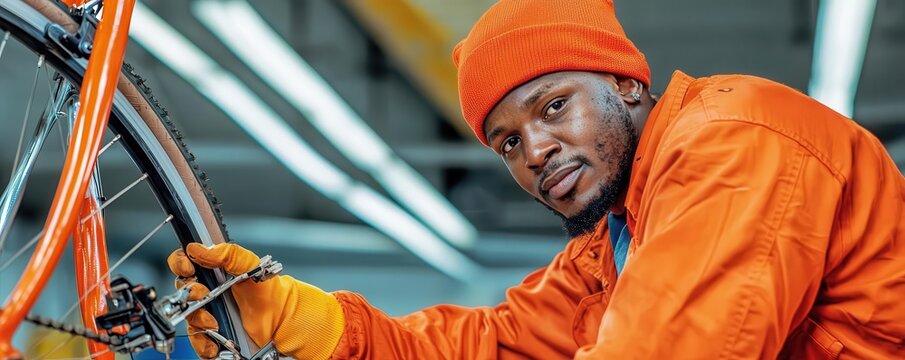 A mechanic works on a bicycle in a bright workshop, wearing orange gear and gloves, showcasing skill and dedication.