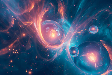 Obraz premium An abstract visualization of cosmic spheres and swirling colors, creating a vibrant, otherworldly atmosphere of deep space.