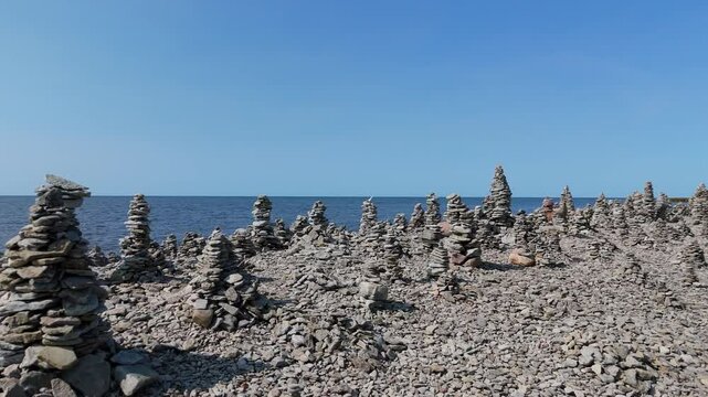Stone Towers Beach Estonia (Baltic States), Saaremaa Island, Pyramids of Flat Stones Put as Lucky Charm Along the Beaches of the Southwest Pebble Beach, Ohessaare Tuulik, Kivi Rand Saaremaa, Estonia
