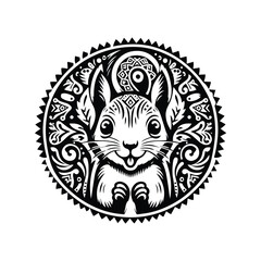 Squirrel in bohemian black and white silhouette illustration -