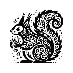 Squirrel in folk art black and white silhouette illustration -