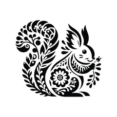 Fototapeta premium Squirrel in folk art black and white silhouette illustration -