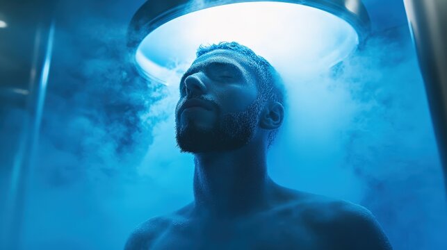 A man relaxes in a cryo chamber, surrounded by blue mist and soft light. The chamber creates a calm atmosphere while he undergoes cryotherapy treatment