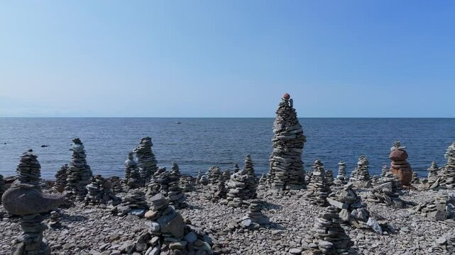 Stone Towers Beach Estonia (Baltic States), Saaremaa Island, Pyramids of Flat Stones Put as Lucky Charm Along the Beaches of the Southwest Pebble Beach, Ohessaare Tuulik, Kivi Rand Saaremaa, Estonia