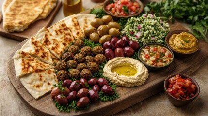 A beautifully arranged vegan mezze platter with falafel, hummus, baba ganoush, tabbouleh, olives, and pita bread, set on a large serving board with a side of olive oil