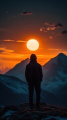 Obraz premium Man standing on a mountain top watching the sunset.