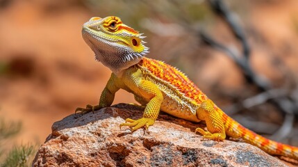 Fototapeta premium A vibrant lizard basking on a rock in a natural setting.