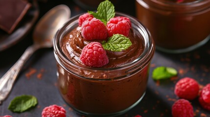 A close-up of a vegan chocolate avocado mousse garnished with fresh raspberries and mint leaves, served in a small glass jar with a spoon.
