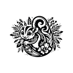 Sugar glider in folk art black and white silhouette illustration -