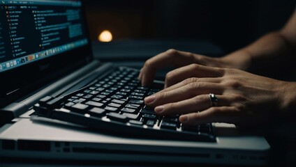 Typing on a laptop in dim light.
