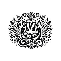 Obraz premium Sugar glider in folk art black and white silhouette illustration -