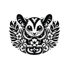 Obraz premium Sugar glider in folk art black and white silhouette illustration -