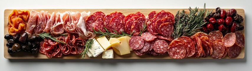 Elegant charcuterie board showcasing an array of gourmet meats and artisanal cheeses against a crisp white backdrop, inviting and visually appealing presentation.