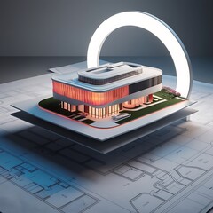 Vibrant 3D Modern Building Render on Futuristic Blueprints