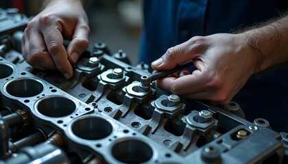 Close-up of skilled technician's hands adjusting parts on an engine block, showcasing craftsmanship in automotive repair and maintenance.