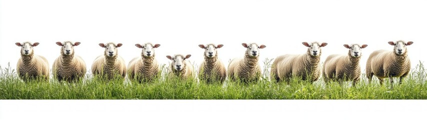 Fototapeta premium Sheep Grazing in a Meadow, a serene scene showcasing a flock of sheep peacefully feeding on lush grass, surrounded by a bright, open landscape, evoking tranquility and harmony.