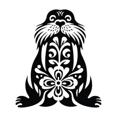 Obraz premium Walrus in folk art black and white silhouette illustration -