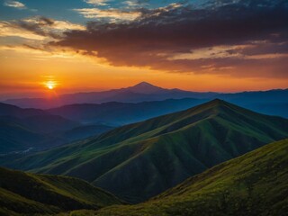 Vibrant sunset over a mountain landscape, silhouettes highlighted against the colorful sky