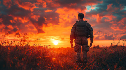 Fototapeta premium A soldier stands in a field at sunset, looking towards the horizon.