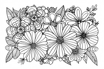 Fototapeta premium A detailed black and white illustration of assorted flowers, featuring intricate patterns and designs, perfect for coloring enthusiasts and art lovers.