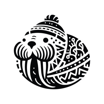 recommend clip art: Walrus in folk art black and white silhouette illustration -