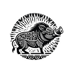 Wart hog in bohemian black and white silhouette illustration -